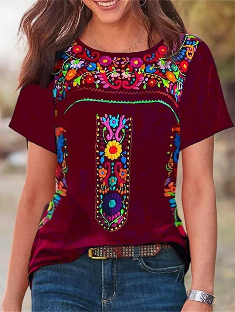 Womens Mexican Embroidered Tops Short Sleeve Fiesta Shirts Floral Peasant Blouses - Image 2