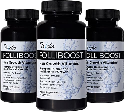 Folliboost Tricho Vitaminas para el crecimiento del cabello, con biotina, vitamina C, zinc y vitamina B12, ayuda a promover el crecimiento grueso y