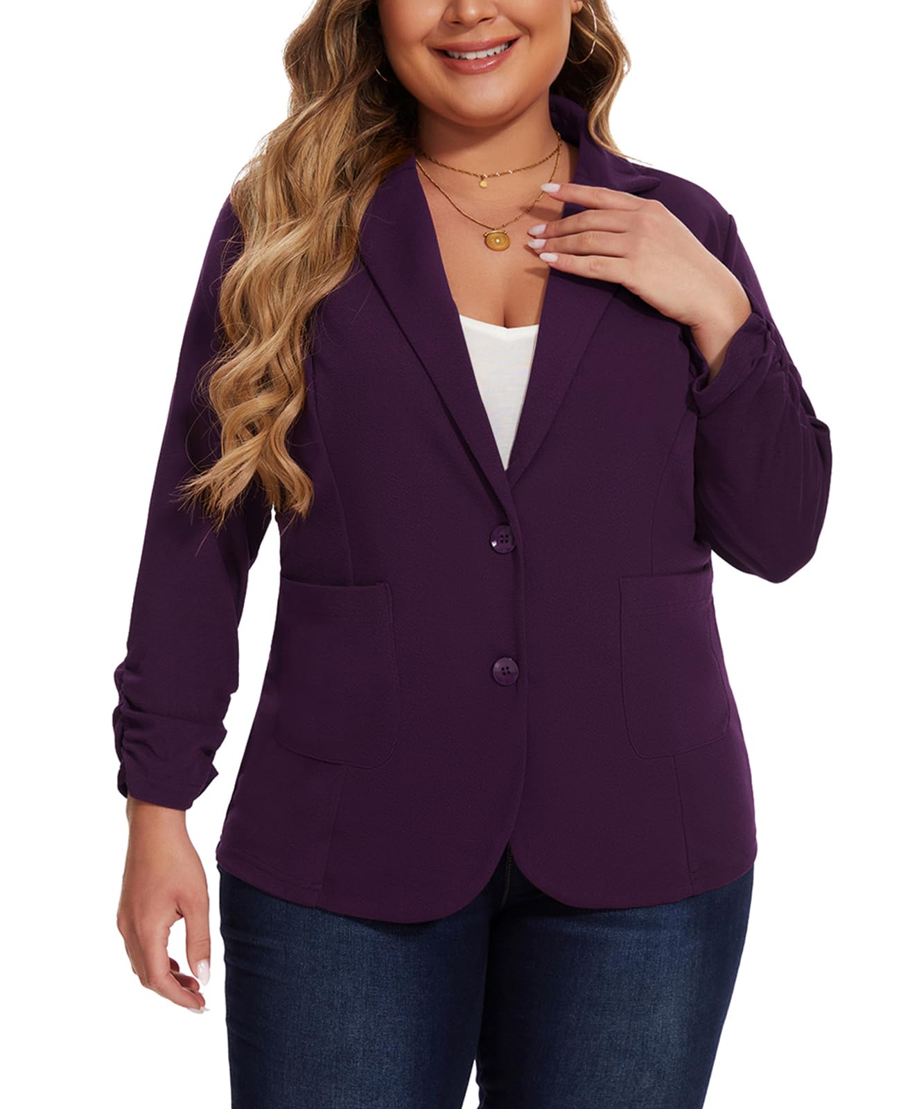 Blazer da donna taglie forti elegante 3/4 con maniche increspate giacche blazer slim fit giacca casual da lavoro con tasche con bottoni