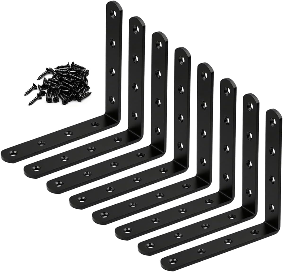 8 Pcs Black Stainless Steel L Bracket 5 x 5 inch Corner Bracket Heavy Duty Solid Shelf Support Corner Brace, Metal Joint Right Angle Brackets for Wood Shelves, with Screws