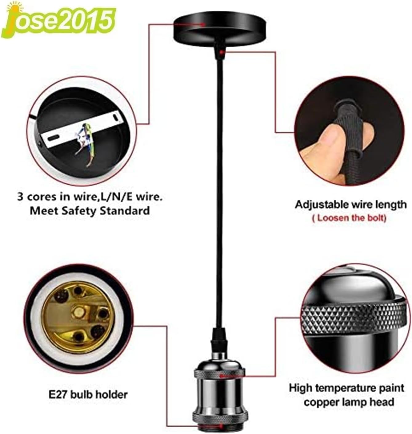 jose2015 3Pcs Pendant Lighting Ceiling Pendant Light Fitting Kits Cord E26 Socket Black Pendant Light Fixtures for Kitchen Isand Bar Cafe. (Black)