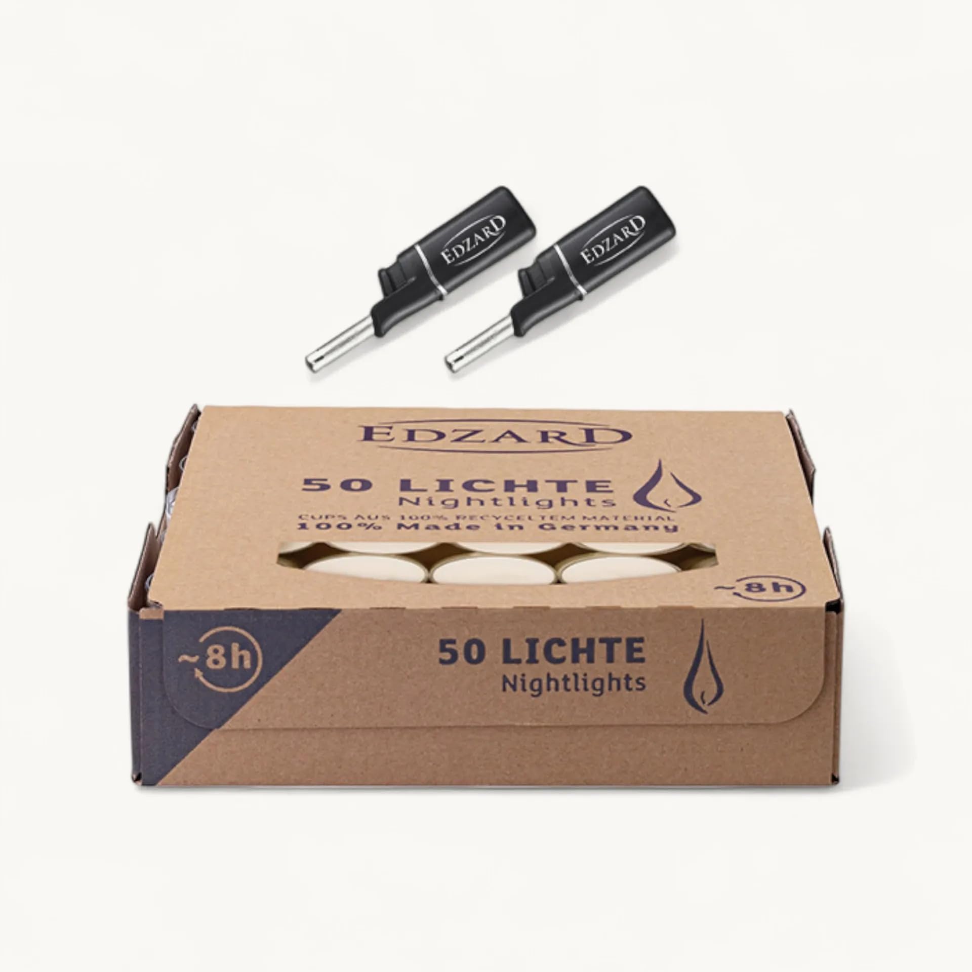 EDZARD - Set di 50 lumini + 2 mini accendini, durata 8 ore, lumini con custodia in plastica acrilica e candeline in paraffina con accendini inclusi