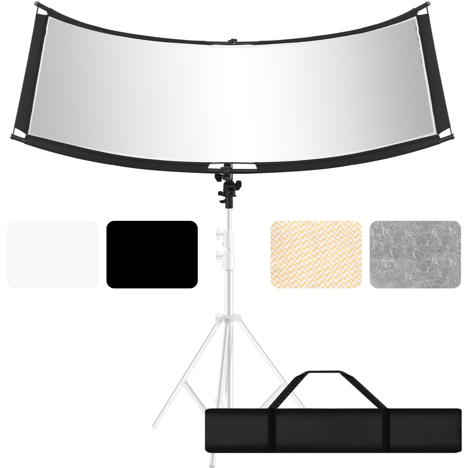 WELLMAKING Diffusore riflettore a conchiglia con borsa per il trasporto, 180 x 60 cm, riflettore curvo per illuminazione fotografica, studio fotografico e illuminazione esterna, colori nero/bianco/oro