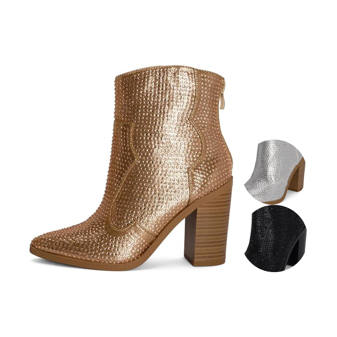 Chariot & Co Wyatt Sparkly Cowgirl Boots for Women – Silver, Gold, Black Western Ankle Booties with Rhinestones – Bedazzled Cowboy Boots 3.25” Heel