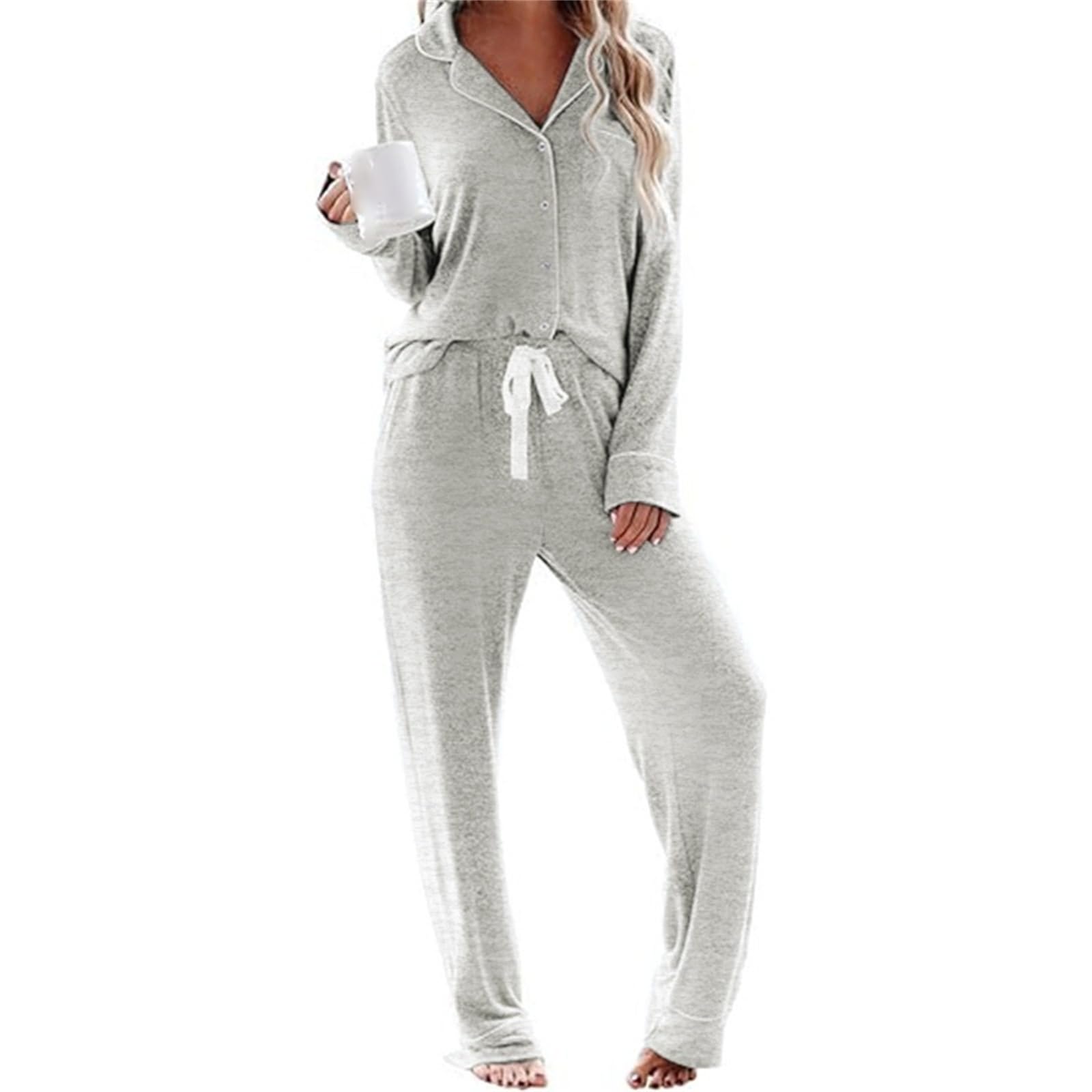 Pigiama da donna a maniche lunghe con bottoni, 2 pezzi, pigiama da donna a maniche lunghe, set da casa