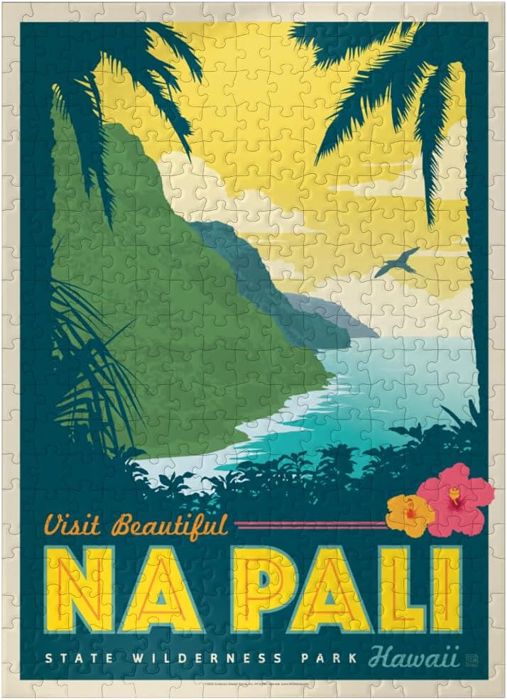 MyPuzzle Hawaii: Na Pali State Wilderness Park, Vintage Poster - Premium 1000 Piece Jigsaw Puzzle for Adults