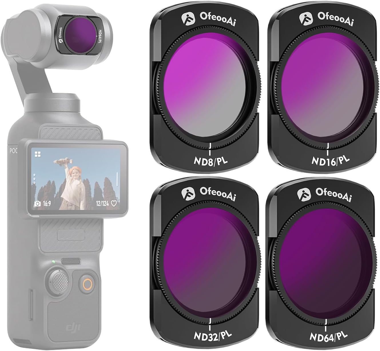 4-Pack Hybrid ND/PL Filter Set for DJI Osmo Pocket 3, ND8-PL ND16-PL ND32-PL ND64-PL, 2-in-1 Combo Solves Glare & Overexposure, Ideal for Travel Vloggers