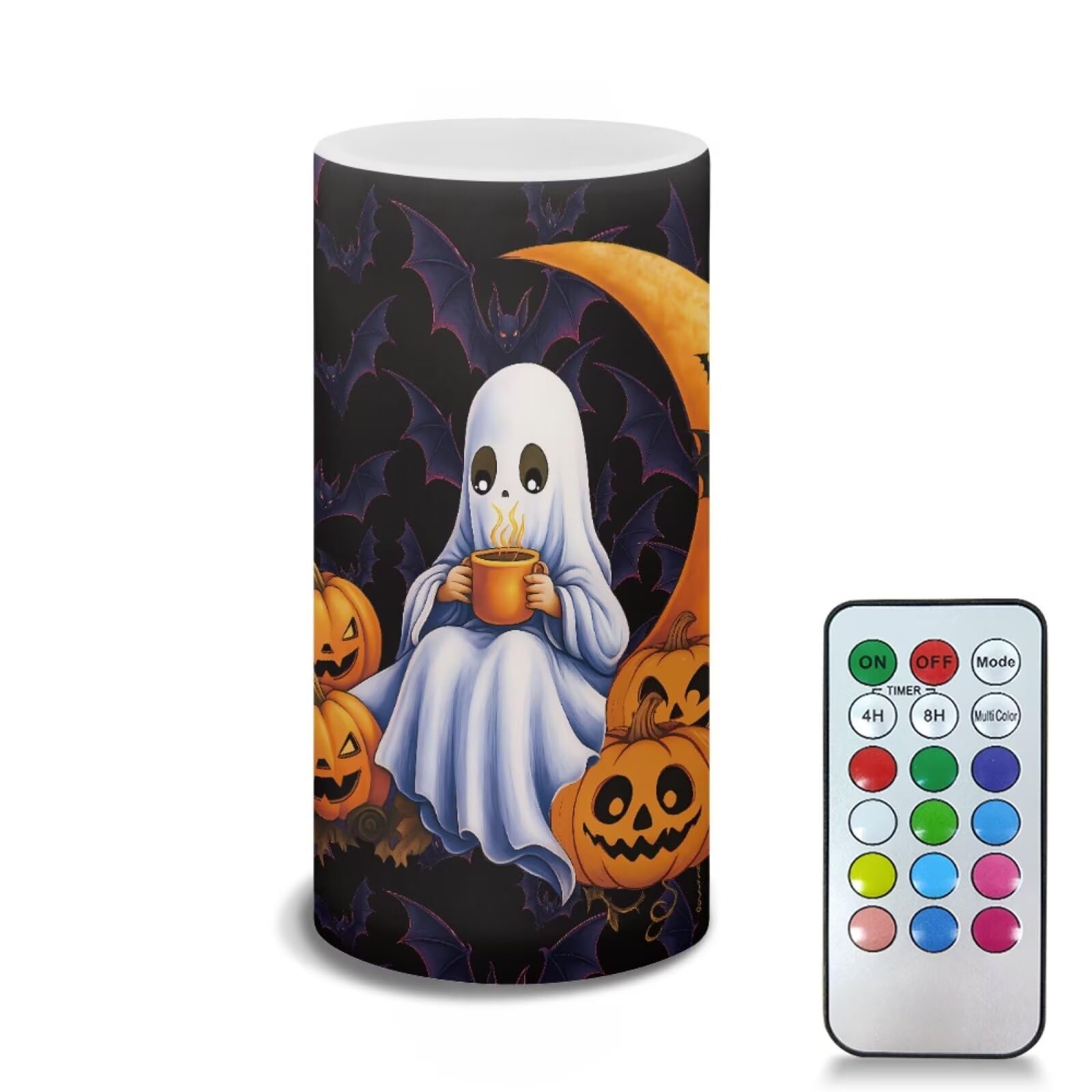Poceacles Ghost Moon Pumpkin Bat Flickering Flameless LED Battery Candles Pillar Candles Tealight with 18-Key Timer Remote with Colorful Light for Indoor Outdoor Home Halloween Decor