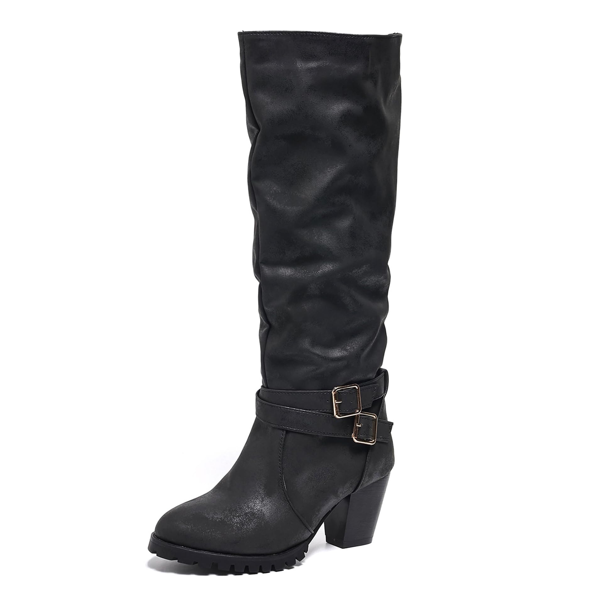 Lizoleor Classic Pleated Pull On Block Heel Women Knee Tall Boots