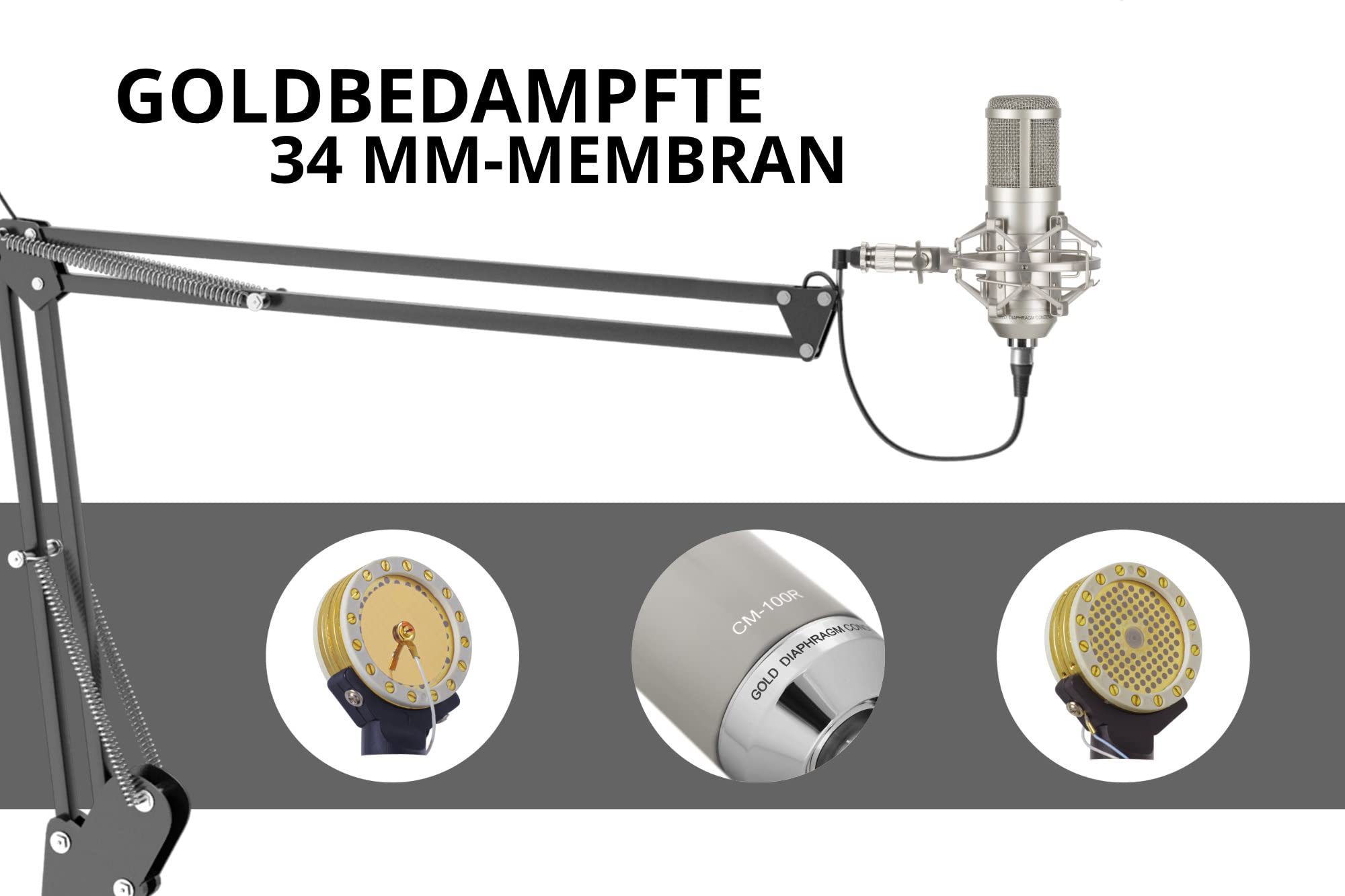 Pronomic CM-100S Micrófono de Cardioide Condensador - Microfono Diafragma Grande 34 mm con Soporte de Choque y Filtro Anti-Pop - para Streaming, Grabación, Estudio, Sonido Profesional - Plata