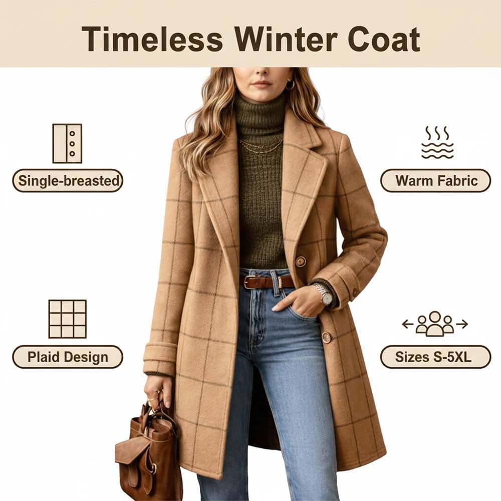Women's winter notched collar, Notched Collar Single Breasted Mid Long Polyester Overcoat Casual Retro Outerwear - Image 4