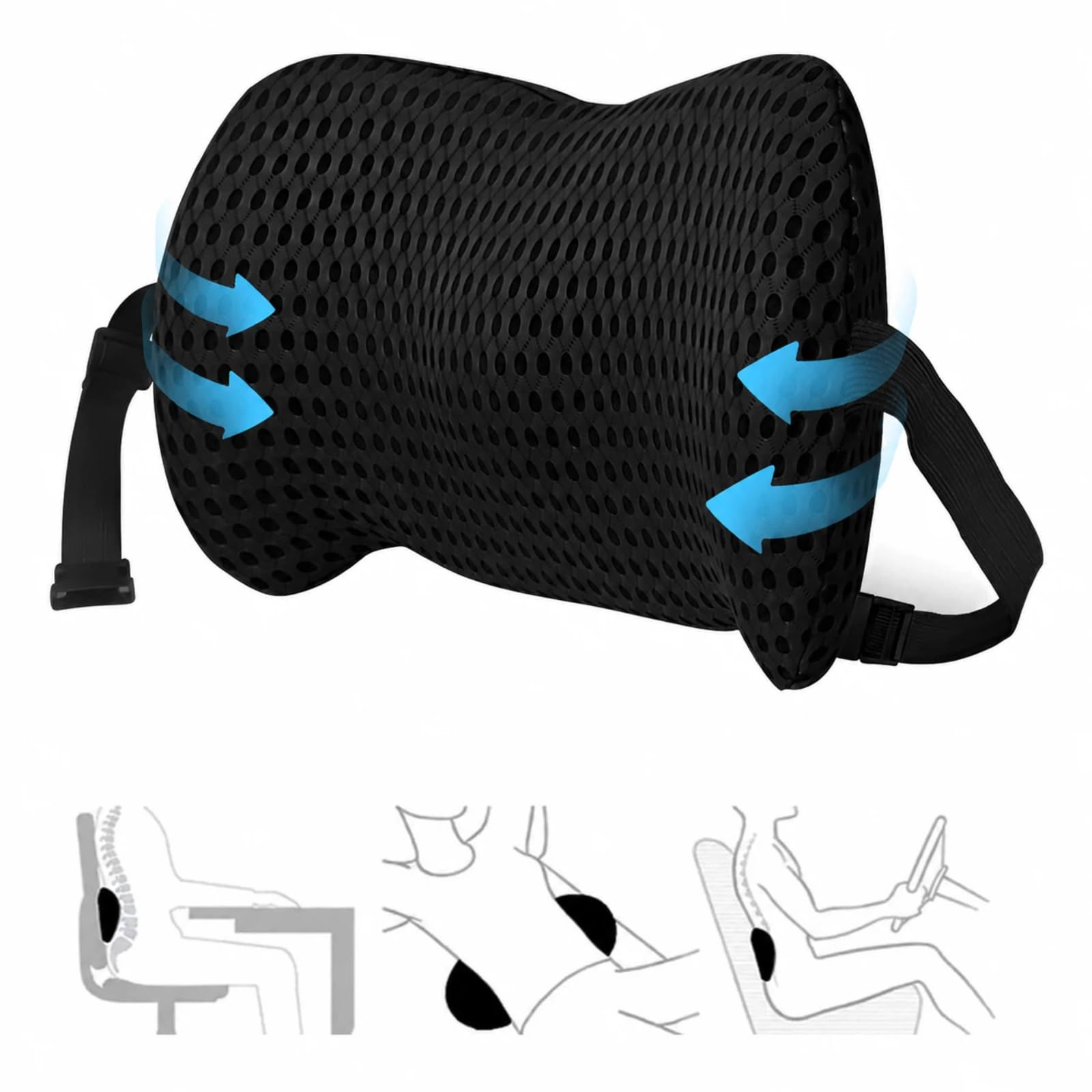 Cuscino Lombare in Memory Foam, Supporto Schiena Ergonomico per Sedia Ufficio e Auto, Design Ortopedico Traspirante Mesh 4D per Sollievo dal Dolore, Cinghia Regolabile