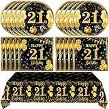 41Pcs 21st Birthday Decorations for Him Her,Black Gold 21st Birthday Party Supplies for 20 Guests include Happy 21 Plates Napkins and Tablecloth for Cheers to 21 Years Old Party