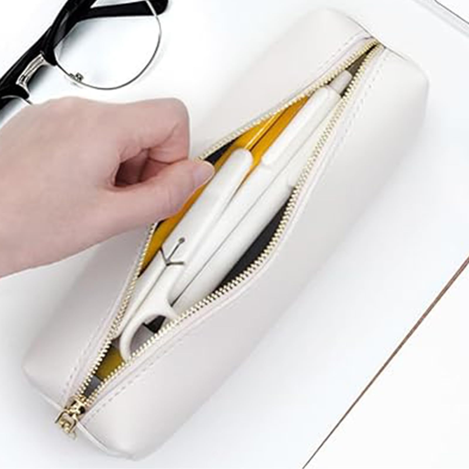 1 Pcs Pencil Pouch Pencil Case Slim Design Pen Bag with Metallic Zipper PU Leather Pencil Case White Pencil Case - Image 3