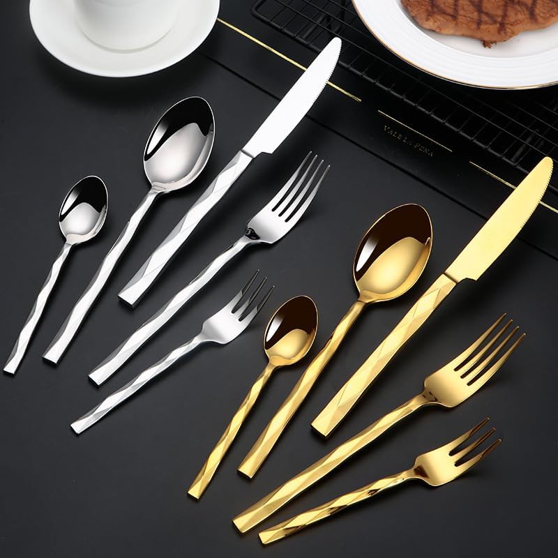 Luxury Cutlery Set With Wheat Ears Relief Carving, Royal 304 Stainless Steel Extra Thick Heavy Duty Silverware Set, Knife Fork Spoon Set For Kitchen Wedding Party Restaur(Silver-5 Pieces for 1)