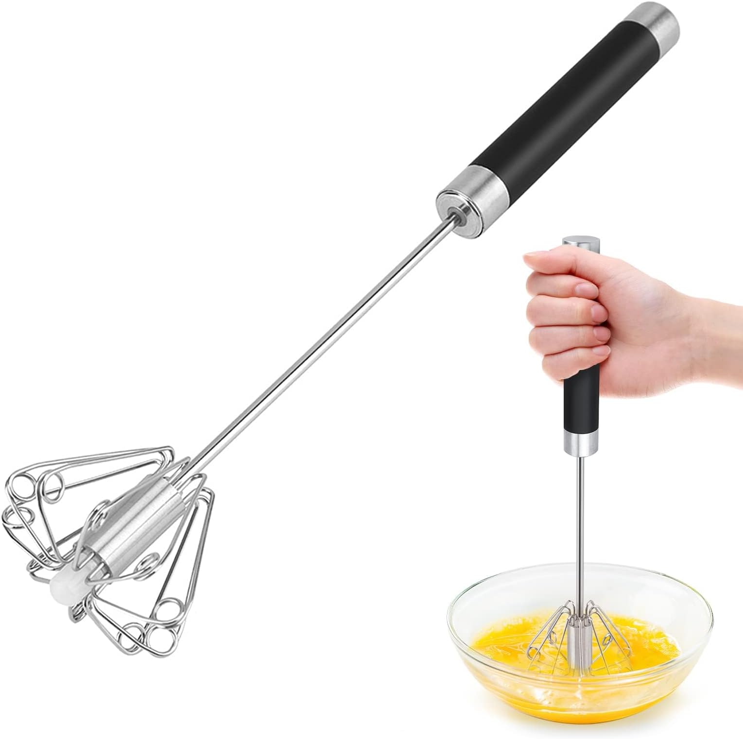 Wenrecu Semi-Automatic Spin Rotary Whisk and Hand Push Egg Beater, Stainless Steel Hand Baking Mixer, Cooking Utensils for Blending, Whisking, Beating (Black)