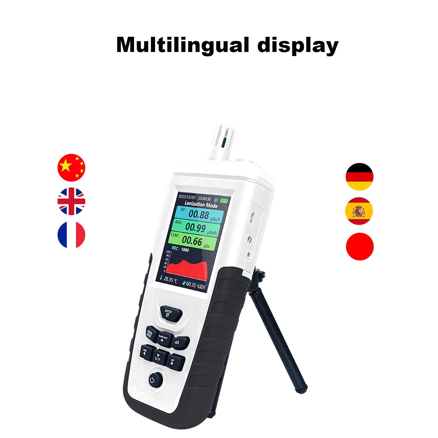 RuchundeBu TC-8500 Geiger Counter showing multilingual display options.