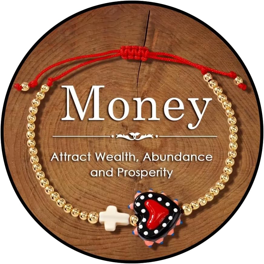 Feng Shui Wealth Bracelet for Women, Boho Beaded Cross Bracelet with Colorful Heart Star Charms Adjustable Red Rope Good Luck Jewelry Gift