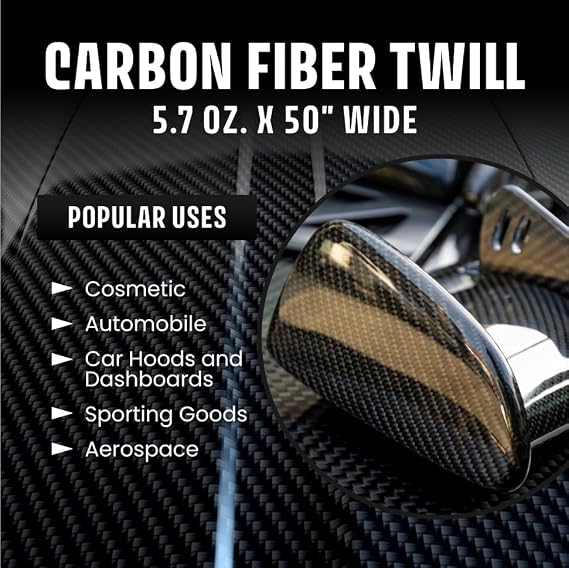 Carbon Fiber Cloth - 3K, 5.7oz x 50 - 2x2 Twill Weave Fabric - 10 Yard Roll