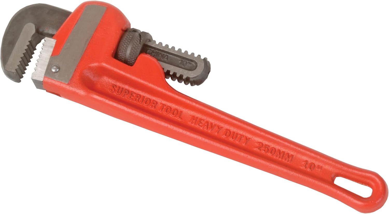 Superior Tool 02810 Heavy Duty Straight Cast-Iron Handled Pipe Wrench 1-1/2 Inch Jaw-Ten Inch Pipe Wrench with One and a Half Inch Jaw