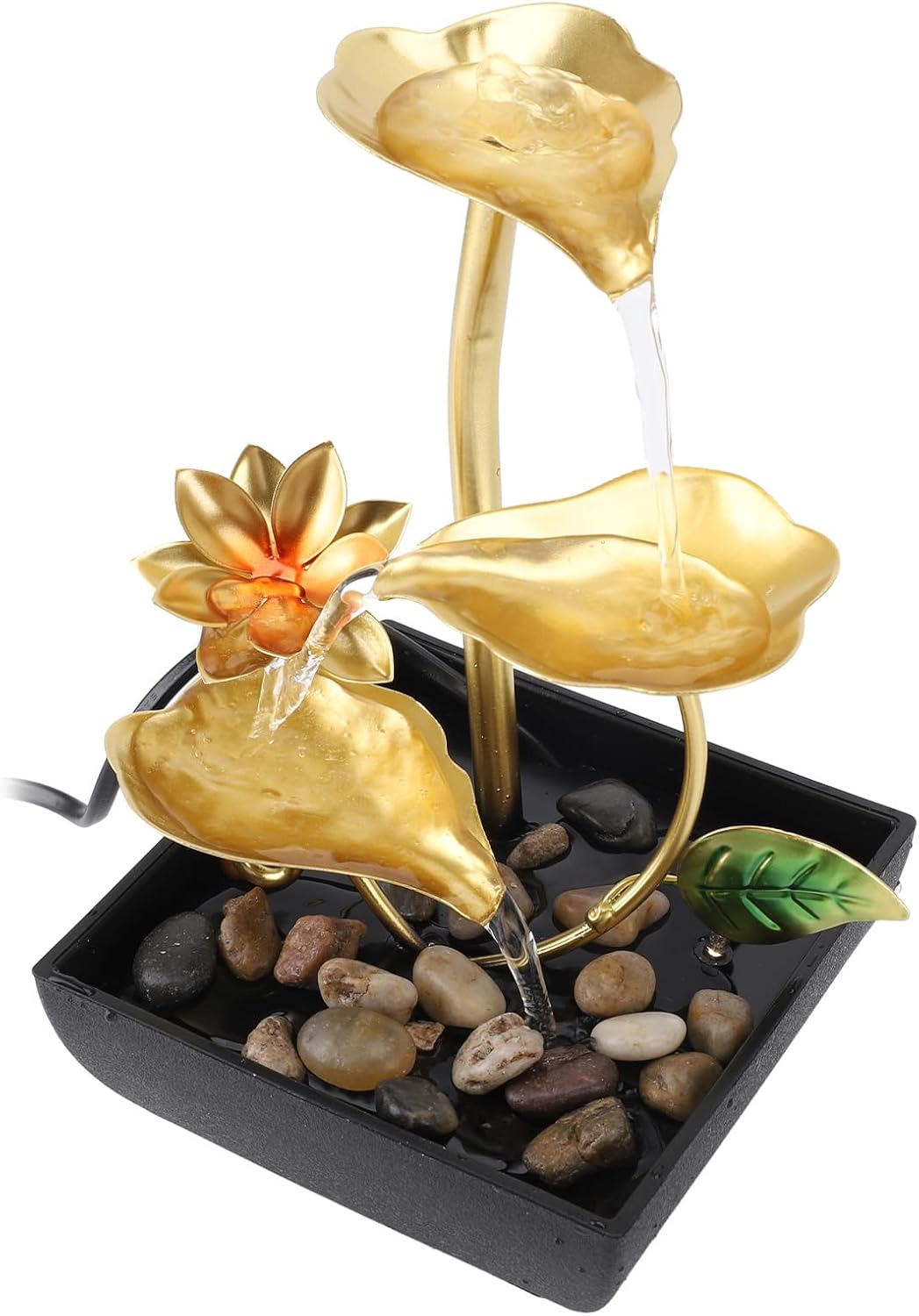 Pwshymi Leaf Tabletop Waterfall Fountain 3 Tier LED Light Adjustable Flowing Water for Home Office Desk, Iron Plastic Desk Relaxation Waterfall Fountain for Bedroom Study, USB 5V Warm Light