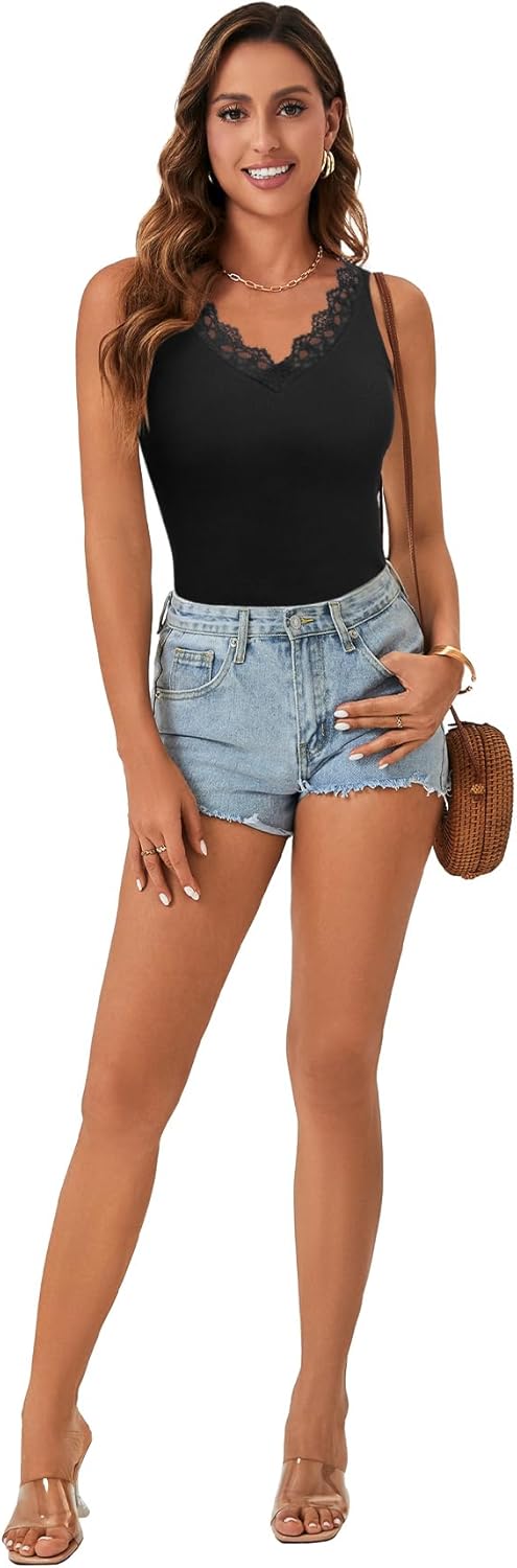 LYANER Women's Lace V Neck Camisole Ribbed Knit Cami Sleeveless Undershirt Top - Image 6