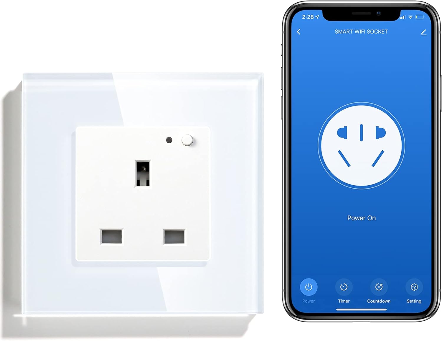 BSEED WiFi Smart Socket Single Pole Alexa Switched Socket White Indicator On/Off Switch Button 86mm Termpered Glass Panel 1 Gang 1 Way Alexa/Google/Echo Dot Embedded Wall Outlet