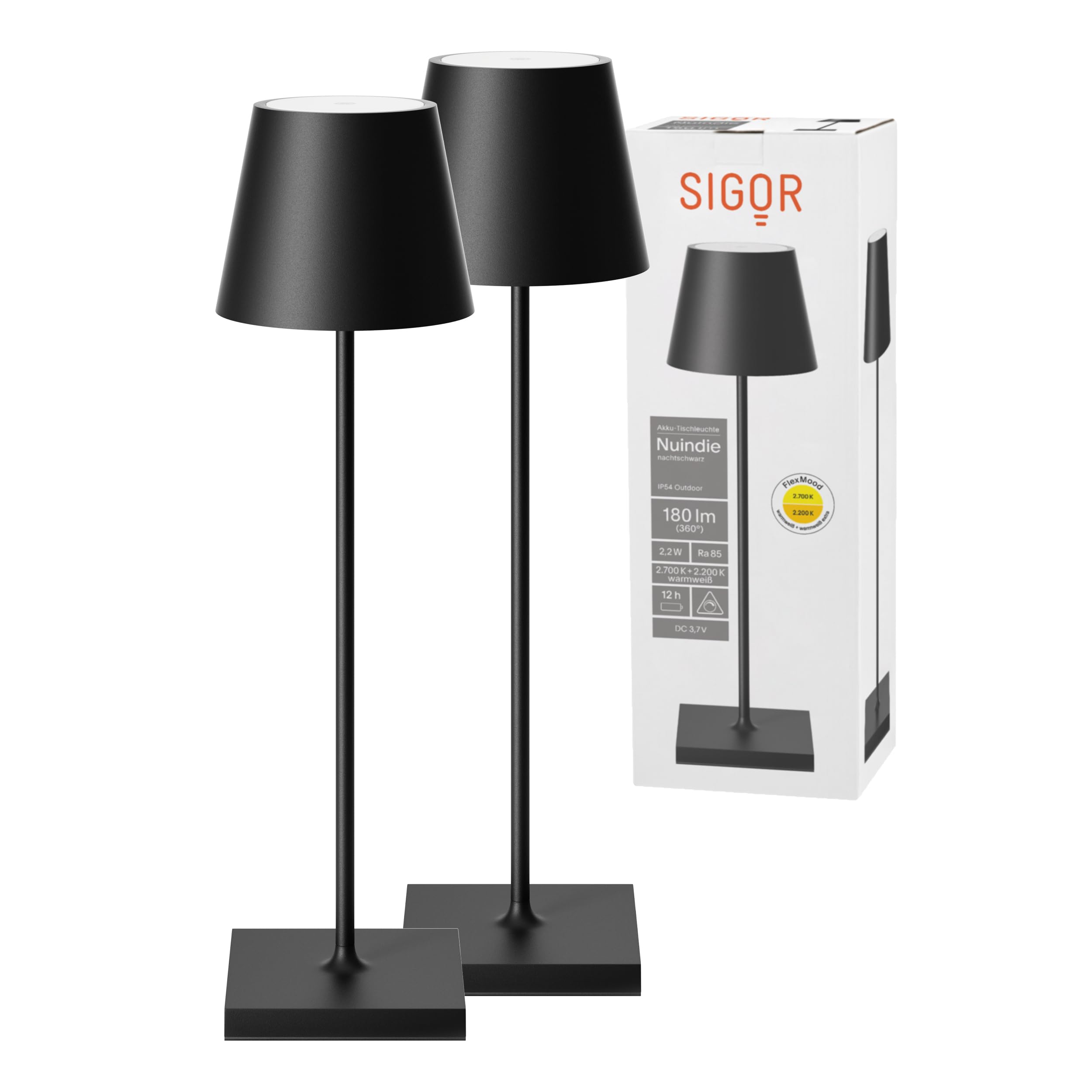 SIGOR 2 Stück Nuindie 2.0 - Dimmbare LED Akku-Tischlampe Indoor & Outdoor, IP54 spritzwassergeschützt, Höhe 38 cm, aufladbar mit USB-C, 12 h Leuchtdauer, nachtschwarz