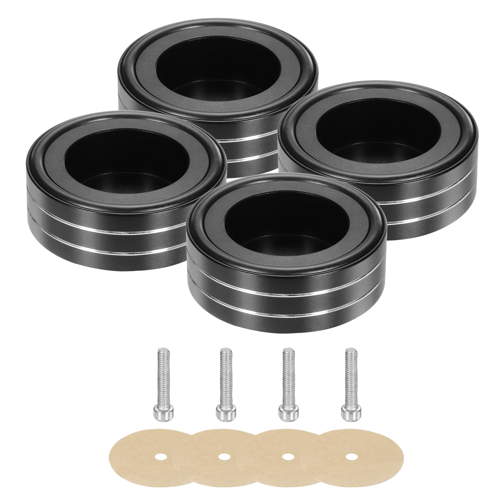 QUARKZMAN 4 Stück Lautsprecher Füße Schwingungsdämpfer 58 mm x 22mm Aluminium Stoßdämpfer Isolationsfüße mit M4 Schrauben für HiFi Schränke Verstärker Subwoofer Plattenspieler Schwarz