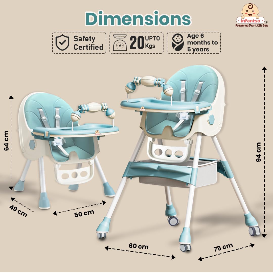 Infantso Feed-X (5-in-1) Baby High Chair/Baby Feeding Chair with Foot Support for 0 to 5 Years Baby, High/Feeding Chair Foldable, Height Adjustable, Safety Harness, Wheels, Cushion, Portable Chair 4
