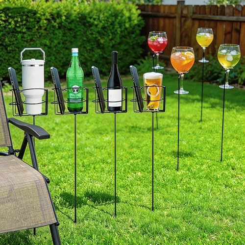 QCF Cup Holder Stake Set of 8 Outdoor 4 Drink & Phone Holder and 4 Goblet Can Stick Heavy Duty Metal Decorative Ground Accessories for Yard Lawn Beach Garden Campfire Camping Fishing Gifts for Man