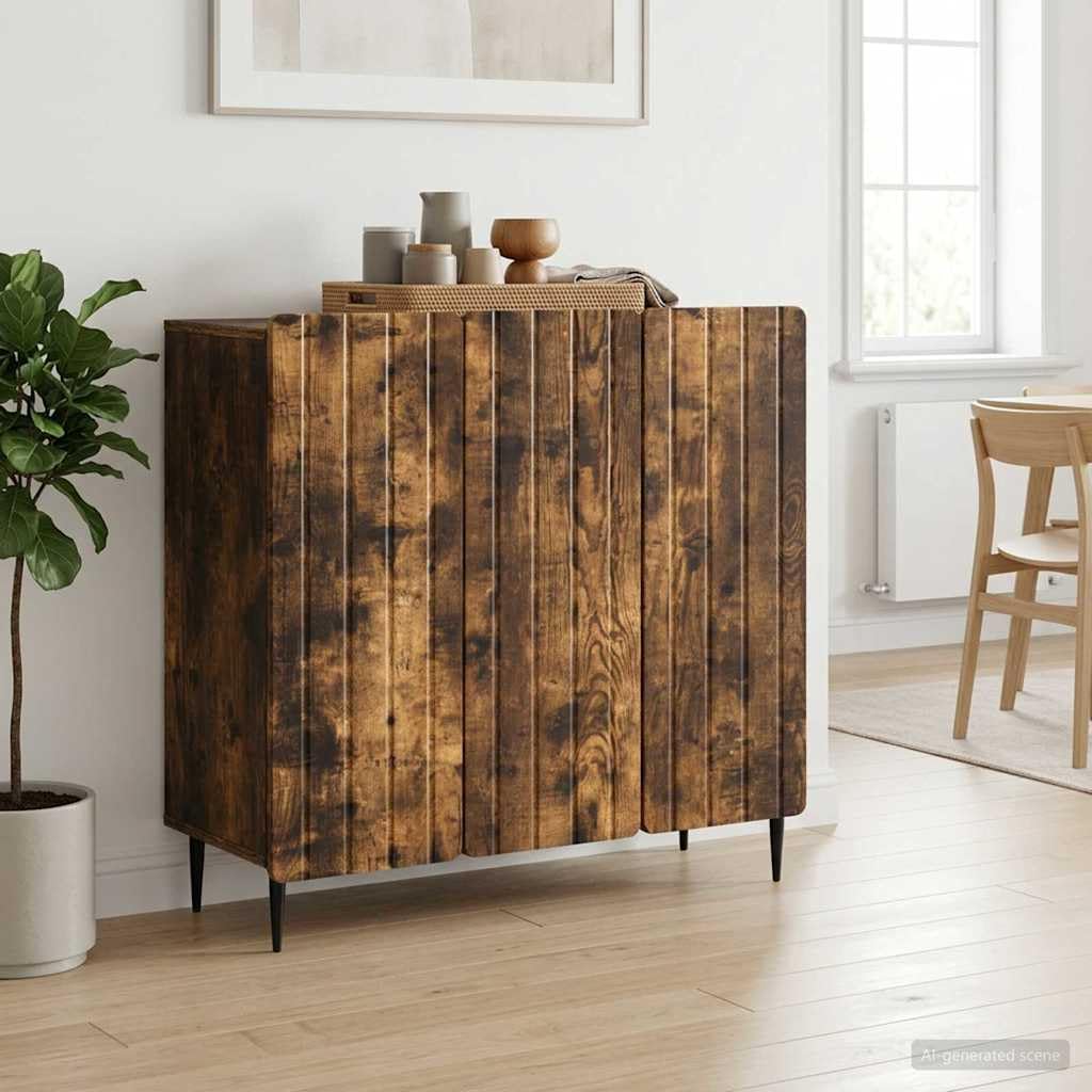 Kredens dąb wędzony 89 x 34,5 x 82 cm, materiał drewnopochodny z 3 drzwiami obrotowymi, schowkiem, regałem, półką, idealna do salonu, jadalni, kuchni, korytarza, biura i przedpokoju