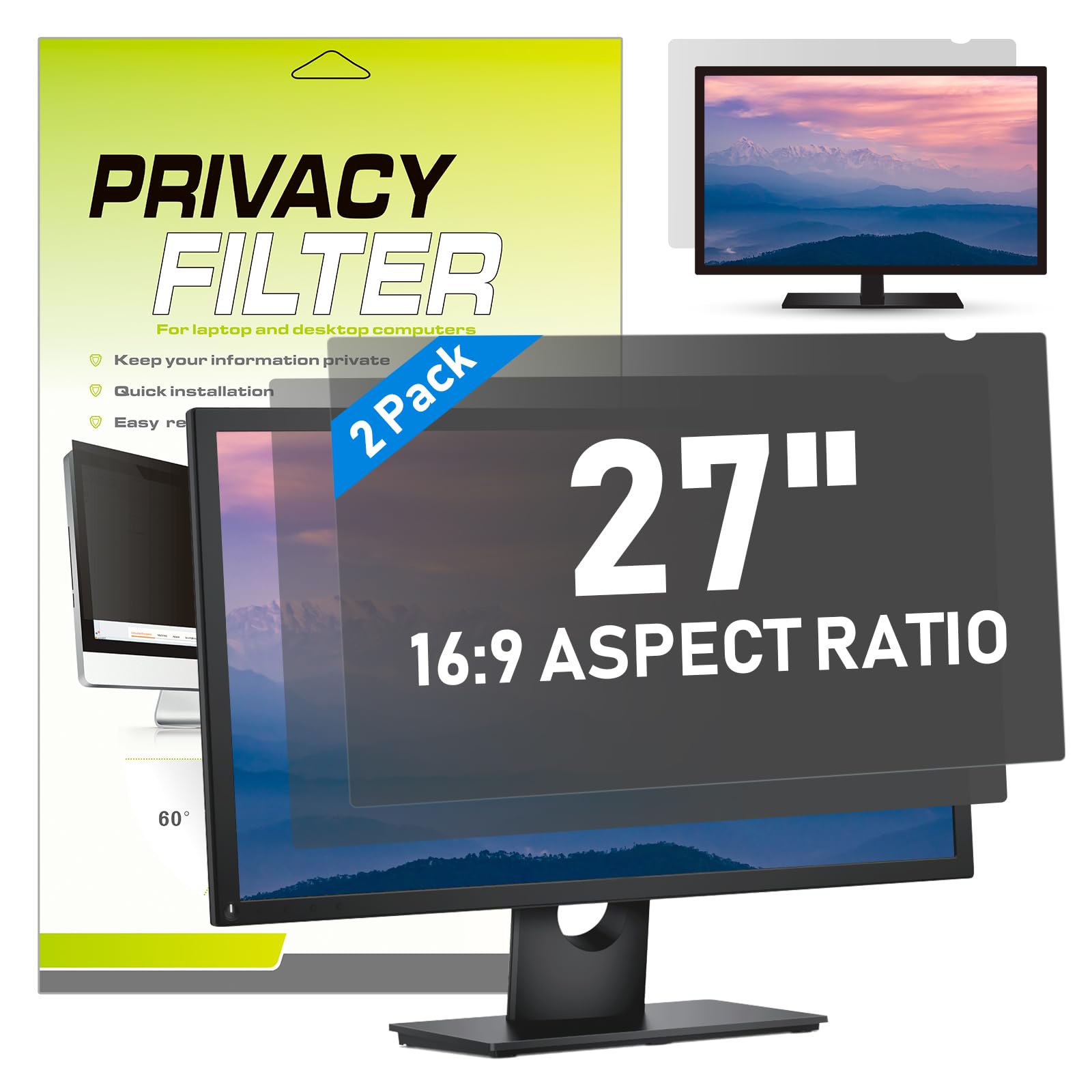 LAMA Universal-Computer-Sichtschutzfilter für 68,6 cm (27 Zoll) große Monitore, blendfrei, UV-Schutz, Sichtschutz (B x H: 59,8 x 33,7 cm), Augenschutz (16:9), 2 Stück