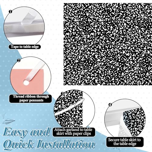 Image of 9FT Composition Notebook Table Skirt Set with 18PCS Boho Paper Pennants Black and White Teacher Desk Skirt for Classroom Decor Back to School Party Supplies Rectangle Cabinet Curtain for Office Dorm