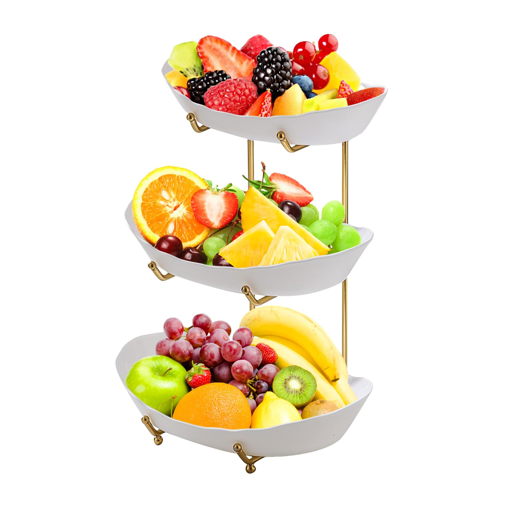 JurciCat 3 Tier fruitschaal Goudkleurige metalen standaard Met witte kunststof bakjes 3 tier etagere stabiel en stevig voor het bewaren van fruit en groenten Desserts en snacks
