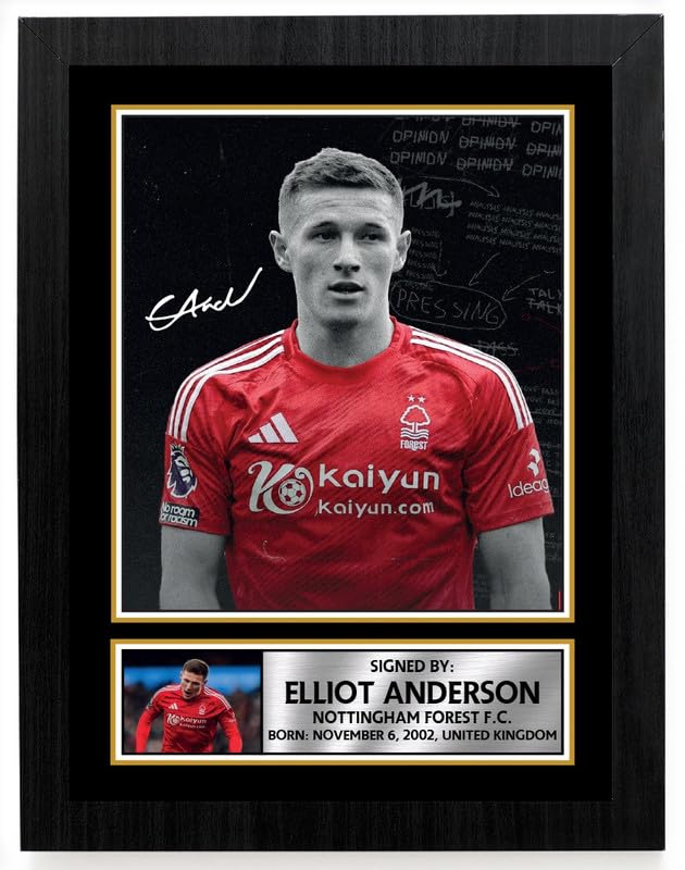 FoxyPrinting Elliot Anderson Nottingham Forest F.C. Poster Print – Signed Autograph Style Football Wall Art – Framed or Unframed – Gift for Fans, A3 Poster + White Frame