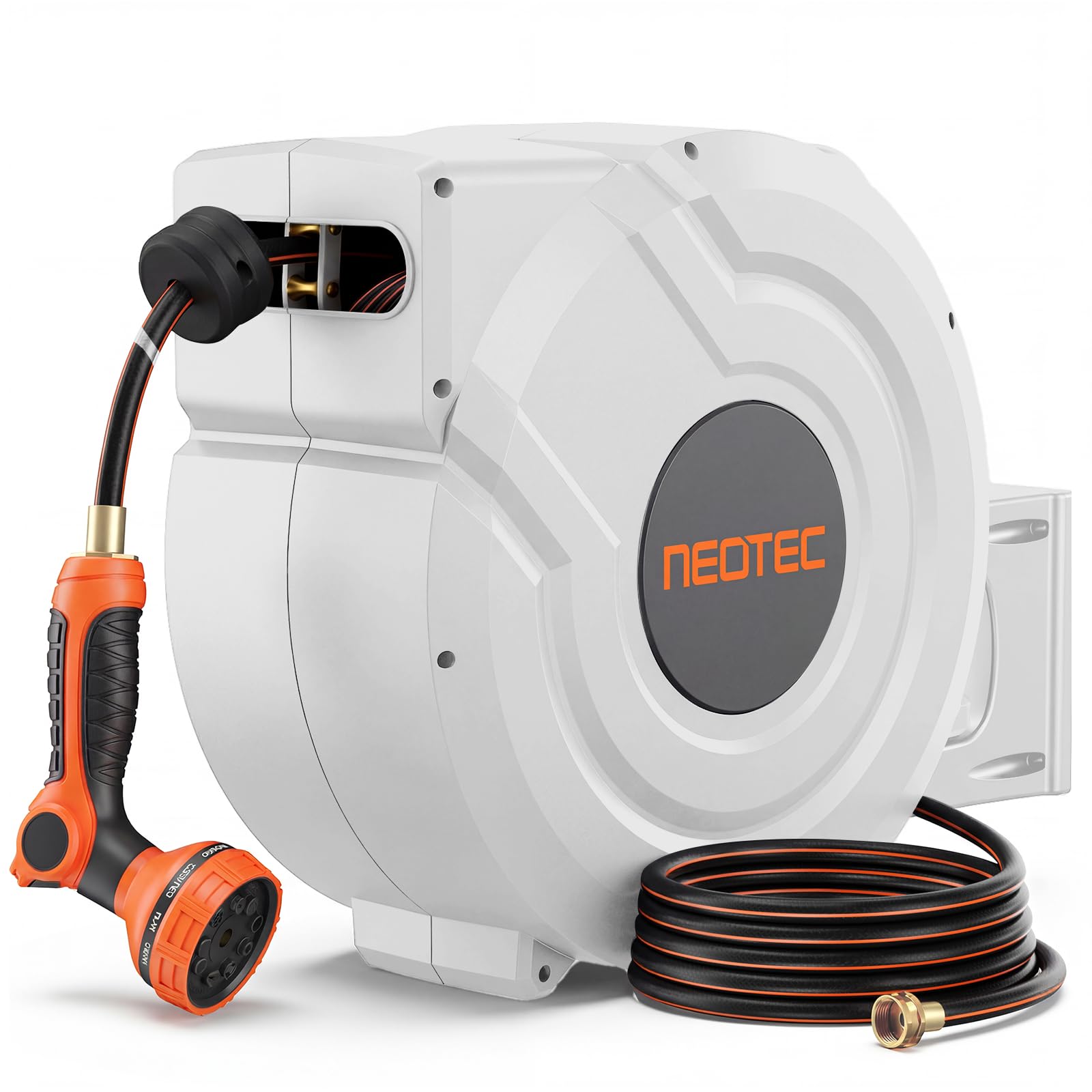 Photo 1 of ***MINOR DAMAGE, PARTS ONLY *** NEOTEC 100ft 5/8 Inch Retractable Hose Reel with Any-Length Lock Slow Auto Rewind Heavy Duty Garden Hose Reel With 9-Pattern Nozzle 180° Swivel Bracket UV Resistant Wall Mounted Hose Reel for Outside