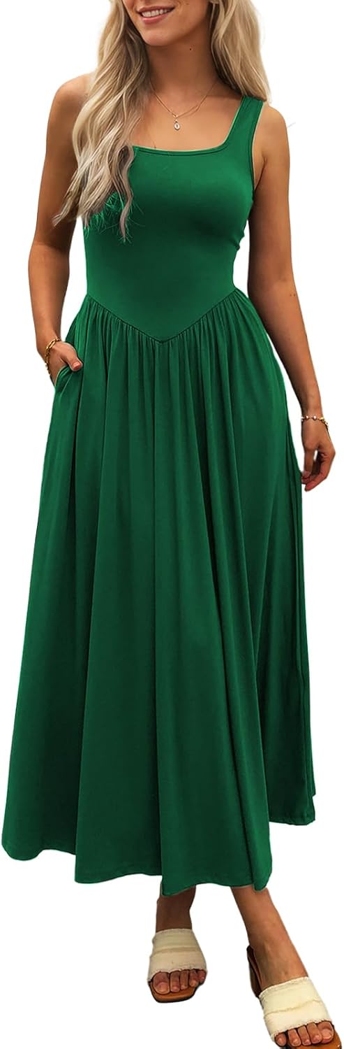 Women's Summer Maxi Dress 2026 - Sleeveless Square Neck Casual Beach Sundress with Pockets, Flowy Patchwork Knit