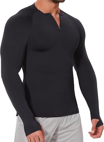 MISS MOLY Mens Long Sleeve Compression Shirt Workout Gym T-Shirt 1/4 Zip Up Dry Top Athletic Base Layer Sport Undershirt