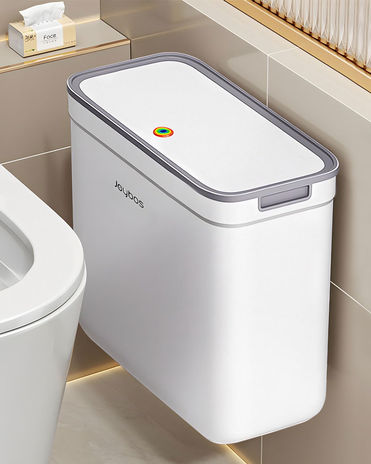 O-MART Small Slim Bathroom Trash Can with Lid, Wall Mount/Freestanding, Press Top, Pet Proof Odor Seal, No Battery, Narrow Garbage Bin for Home Office RV, 4 Gallon, White