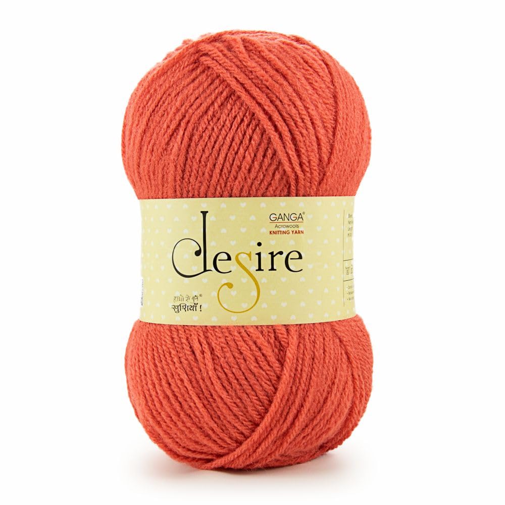 Ganga Acrowools Acrylic Desire Hand Knitting and Crochet Yarn. Pack of 1 Ball - 100Gms. Shade No - (Dis31) Orange