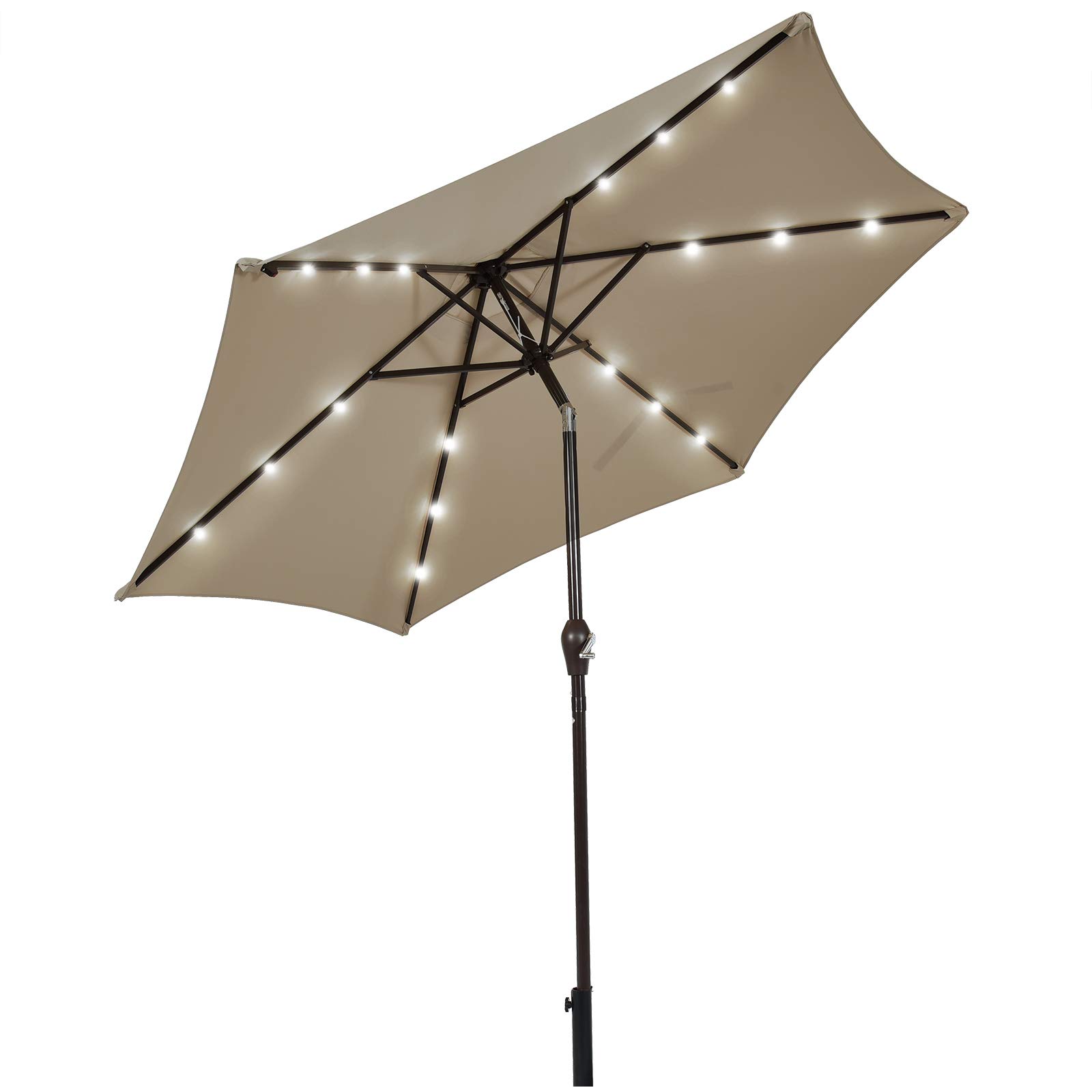 Tangkula 9FT Solar Powered LED Lighted Patio Umbrella, Table Market Umbrella with Tilt and Crank, Outdoor Umbrella with 6 Sturdy Ribs for Garden, Deck, Backyard & Pool (Tan)