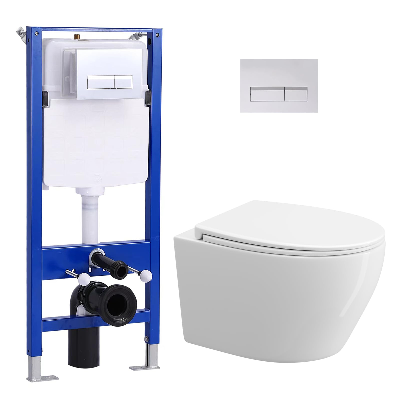 Inodoro colgante y elemento de pared completo, inodoro con cisterna empotrada, placa de accionamiento de inodoro, pared con cierre suave automático de cierre suave, tapa de polipropileno, color blanco