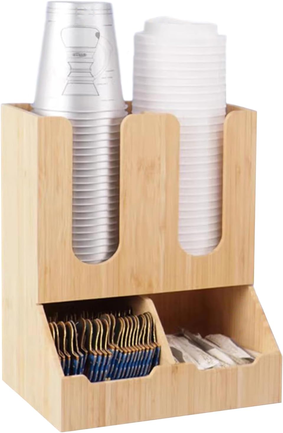 Cup and Lid Holder, Cup Dispenser with Coffee Pods Stand & Straw Organizer, Coffee Bar Organizer for Countertop, Disposable Cups Holder for Coffee Station, Bar, Home,Bamboo 09