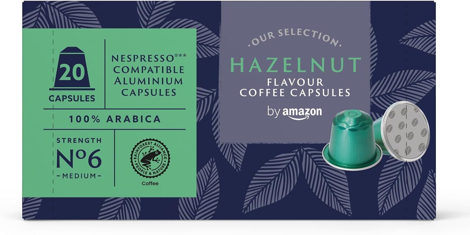 by Amazon Hazelnut Flavoured Aluminium Coffee Capsules, Nespresso Compatible, 20 Count (1 Pack of 20) - Rainforest Alliance Certified