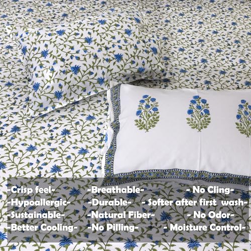 Image of TOAI Hand Block Printed Bedsheet | Bed Spread Flatsheet Bed Sheet | Pure Cotton | Queen Size 90 inchx108 inch | 210 TC Luxury Cotton | 2 Reversible Pillow Covers |White Blue Florals