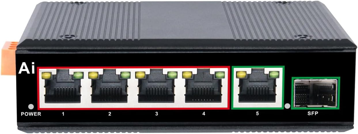 Industrial 6 Ports Gigabit Ethernet Switch Hardened 5 Port RJ45 10/100/1000Mbps Network Switch with SFP Slot Din Rail RJ45 Fiber Switch -40 to 176 ºF Din-Rail Mount Ethernet Hub