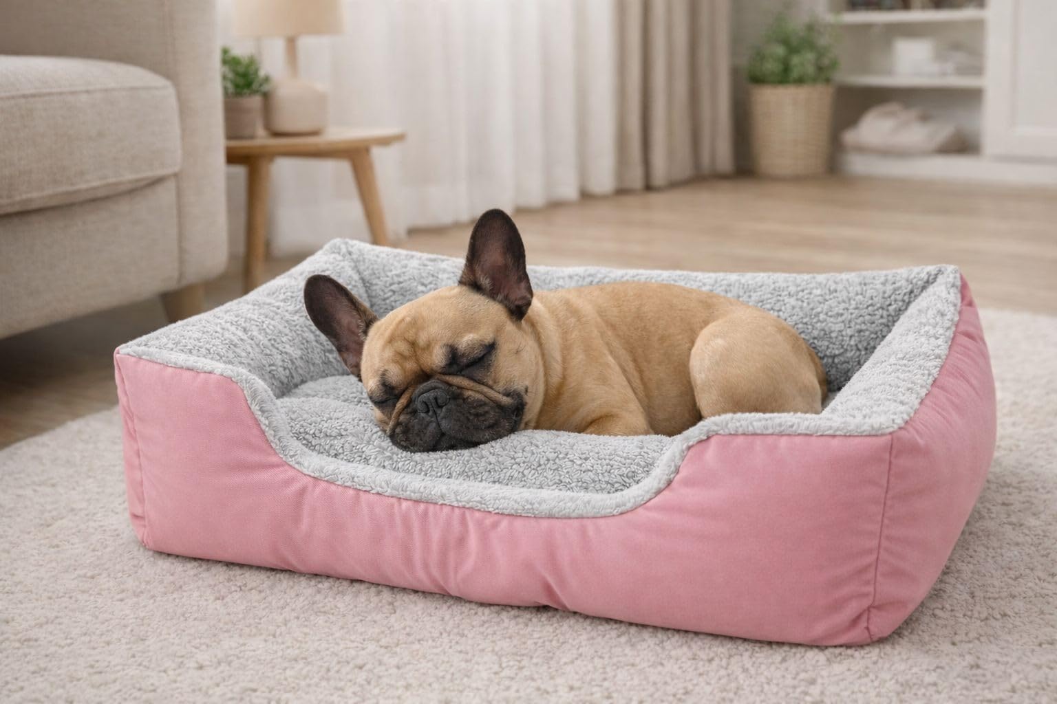 Soodie&Zuzu's Dog Bed Basket with Plush Fleece Lining, Non-Slip Base, Fibre Filled Pet Bed Basket for Dogs & Puppy - Blush, 61x48x16cm