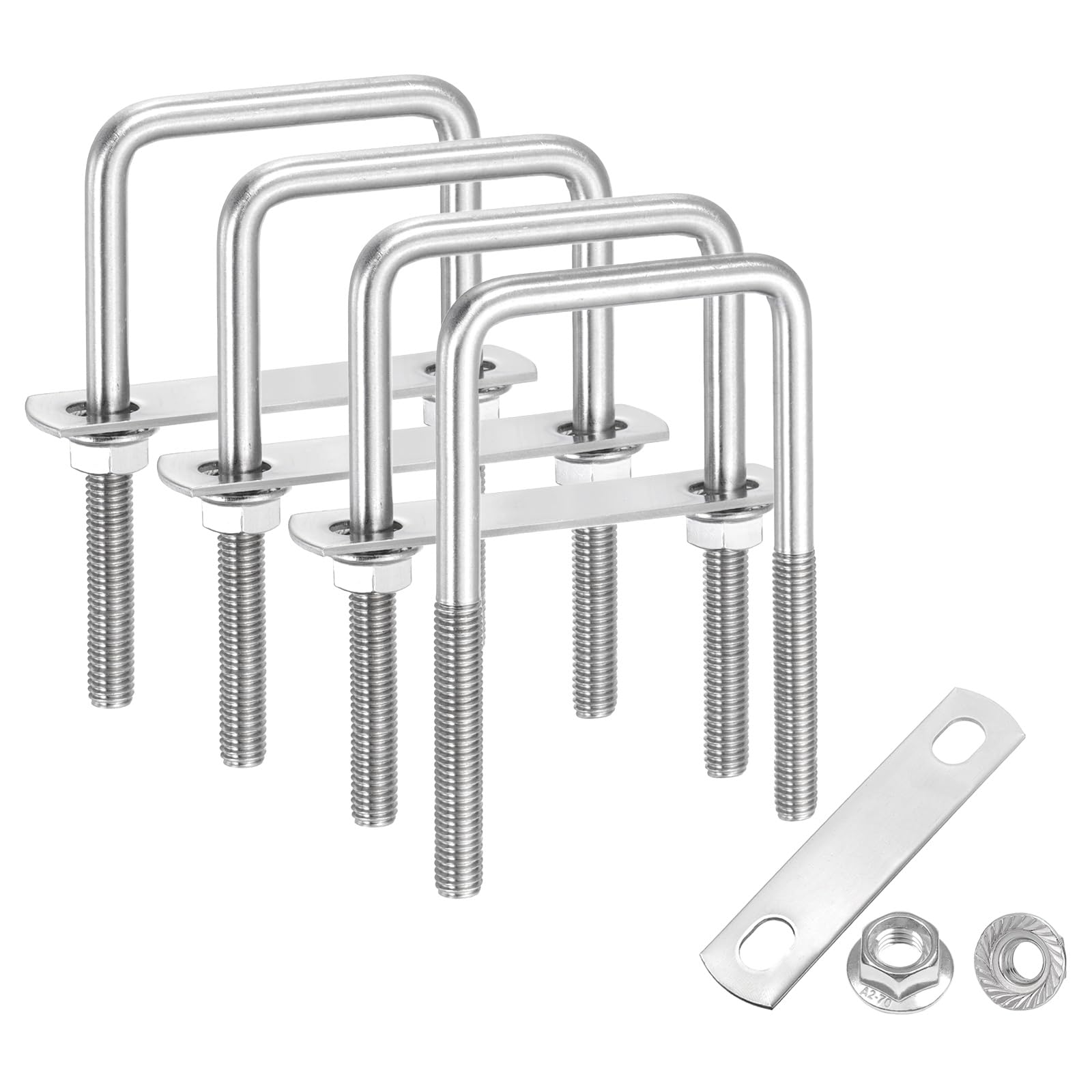 QUARKZMAN 4 Juegos De Pernos U Cuadrados Internos De 2 Pulgadas M8, Longitud De 4-3/4 Pulgadas Pernos U De Acero Inoxidable 304 Con Tuercas, Placas, Automoción, (50mm Ancho X 120mm Largo)
