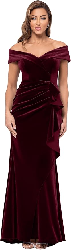 Xscape Women's Velvet Off The Shoulder Short Sleeve Ruffle Draped Floor Length Dress